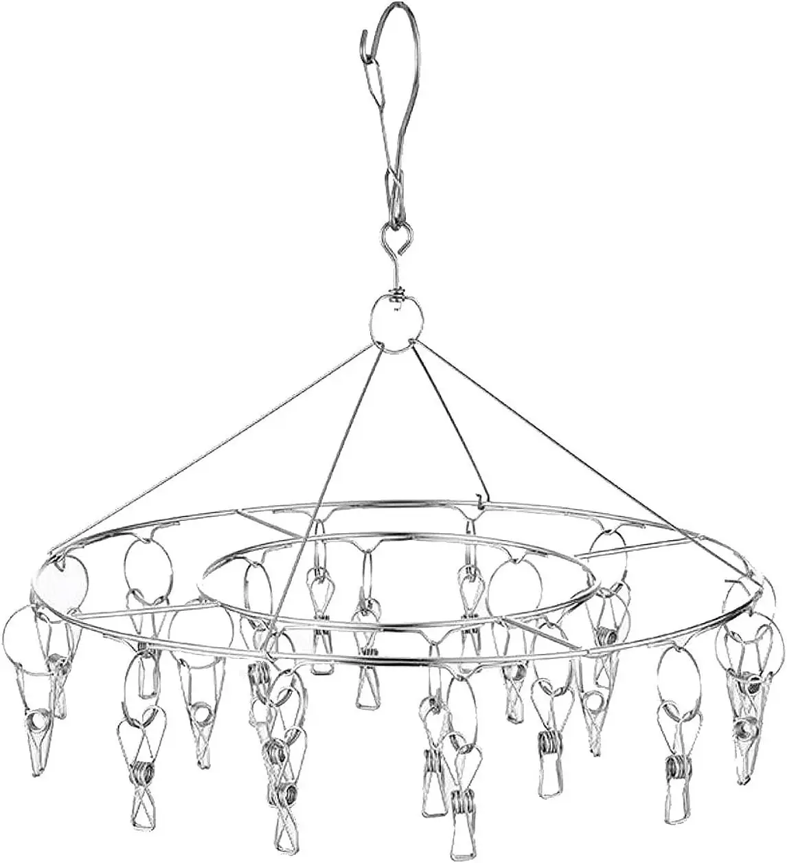 

Stainless Steel Round Hanging Drying Rack with 20 Clips for Socks, Bras, Towels, Underwear