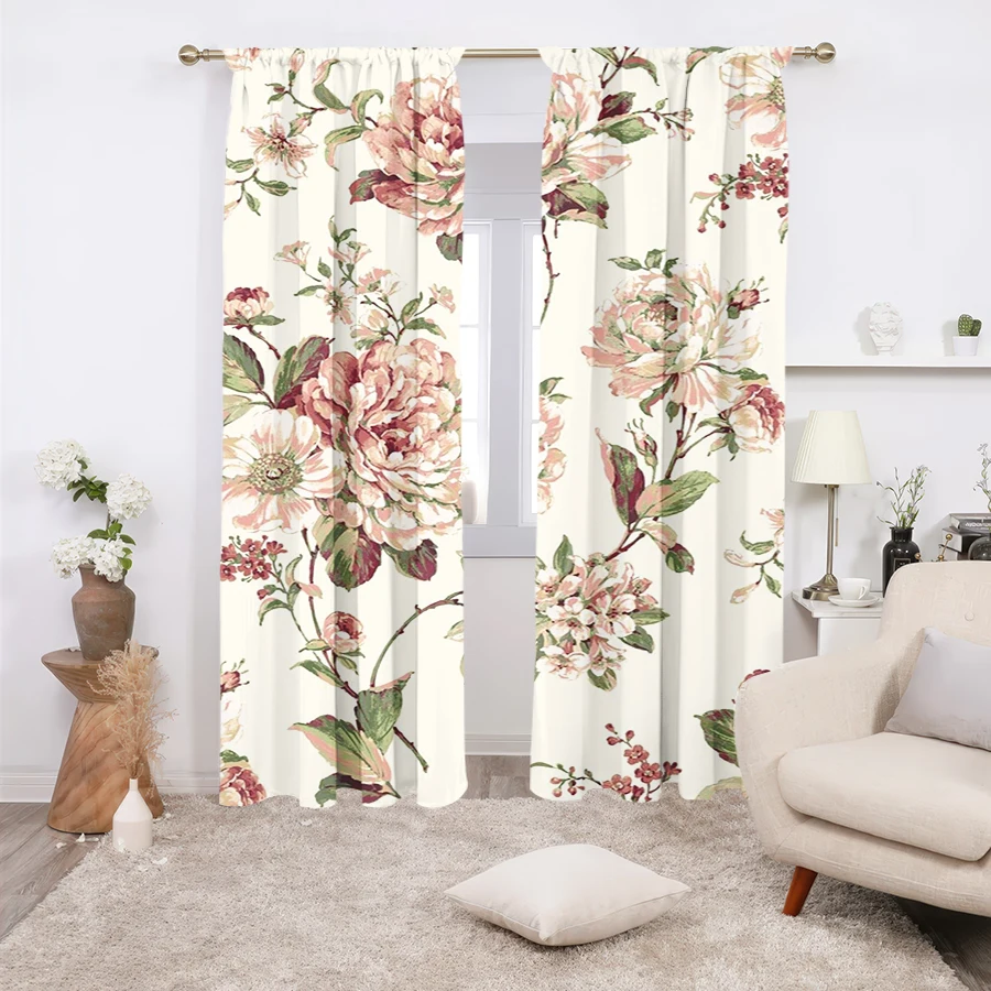 2PCS Multicolor Vintage Pink Peony Floral Pattern Curtains Rod Pocket Design For Bedroom And Living Room