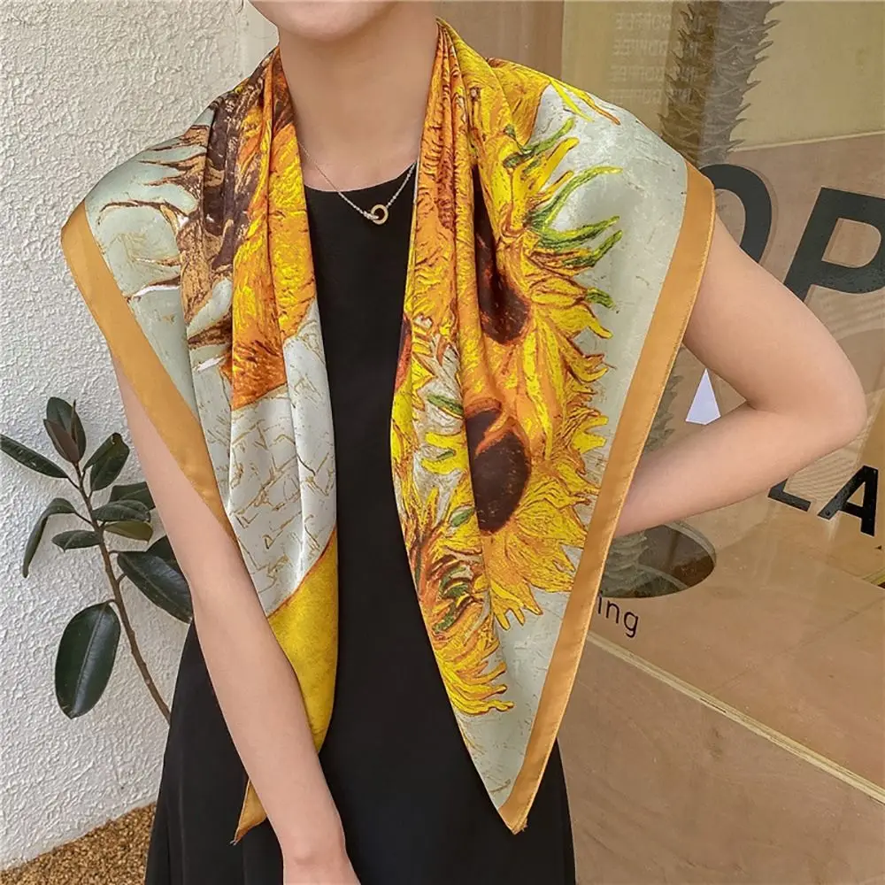 Women Luxury Silk Scarf Breathable Print Beach Shawl Smooth Sun-Resistant Hijab