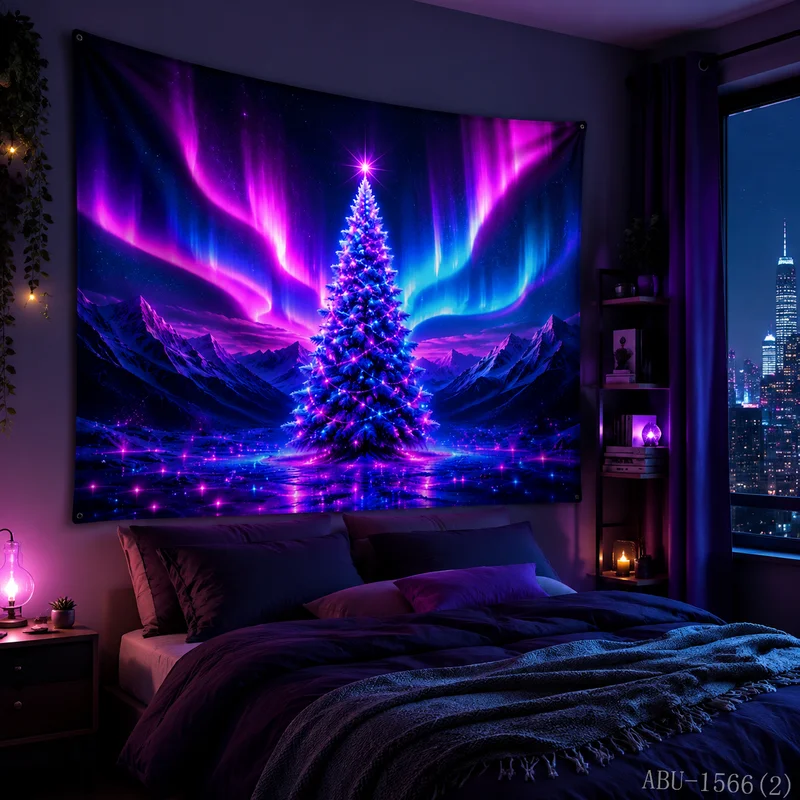 VIKAMA Aurora Spiral Christmas Tree Snowfield Pine Forest Christmas Tapestry Background Hanging Cloth Living Room Room Decor