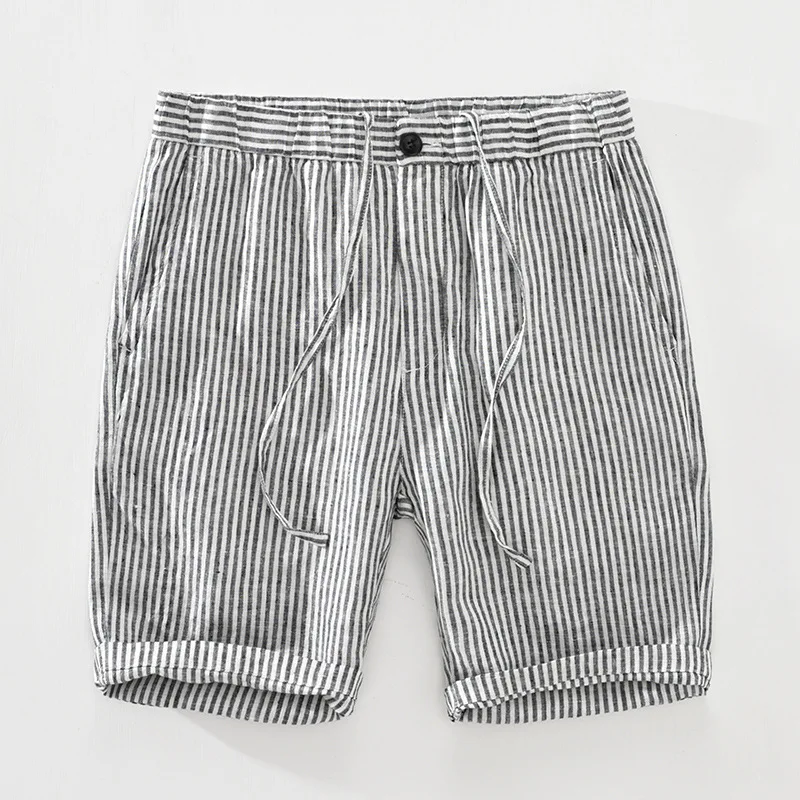 Short à rayures pour hommes, style japonais, pur lin, décontracté, taille élastique, boutonné, pantalon court, été, nouveau, 2022