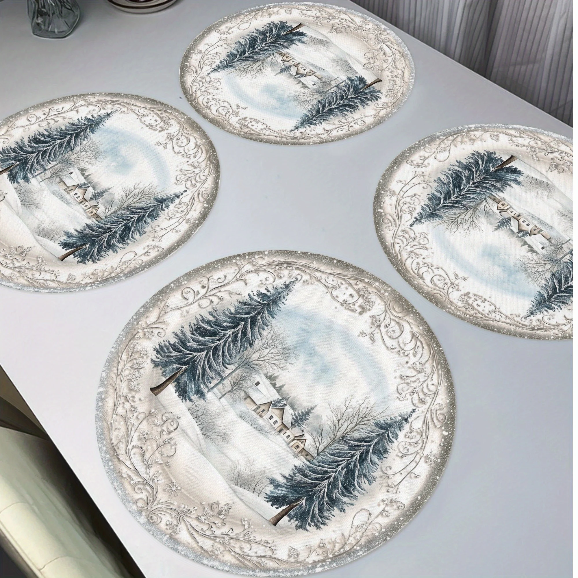 Round Christmas Placemats Winter Snow Scene Pine Tree Linen Mats Non-Slip Wipe Clean for Xmas Rustic Table Decor
