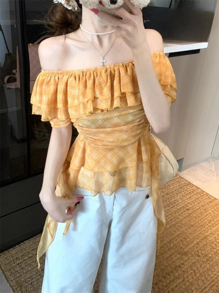 

Y2k Spicy Girl Blouse Slash Neck Plaid Ruffles Irregular Design Shirts Summer Chiffon Aesthetics Tops Female Slim Women Clothing
