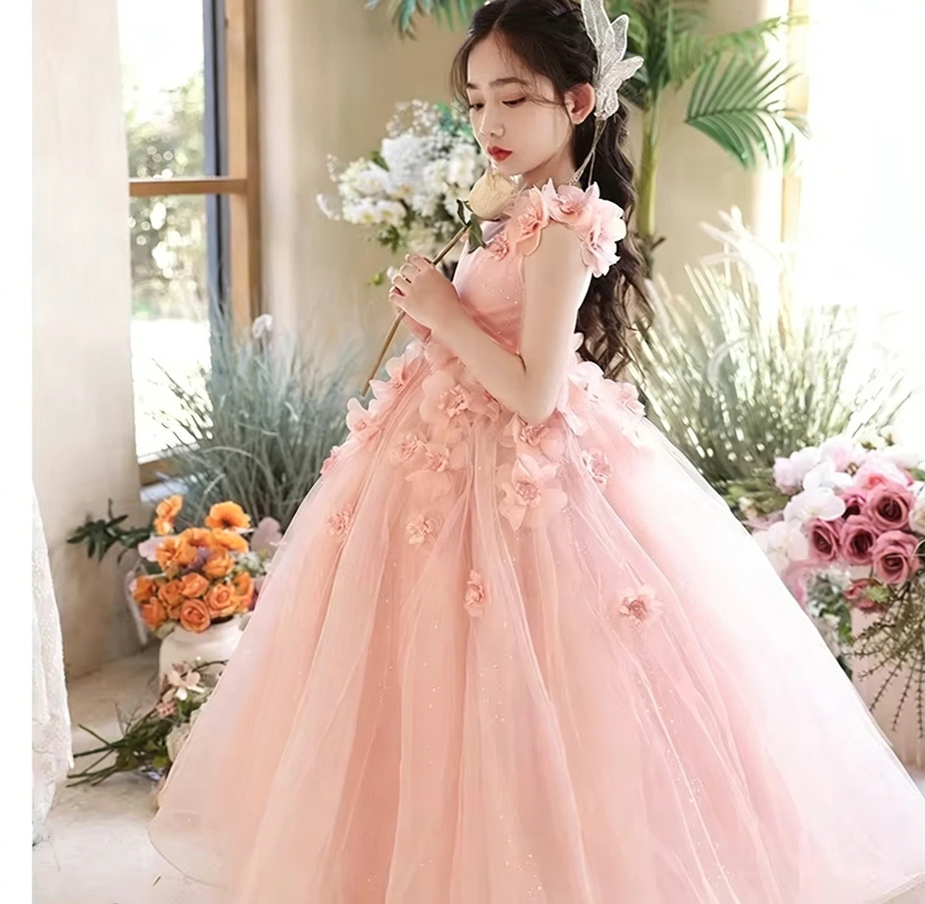 

Customized Pink Flower Girl Dress for Wedding Appliques Sleeveless Floor Length Luxury Kids Birthday First Communion Gown