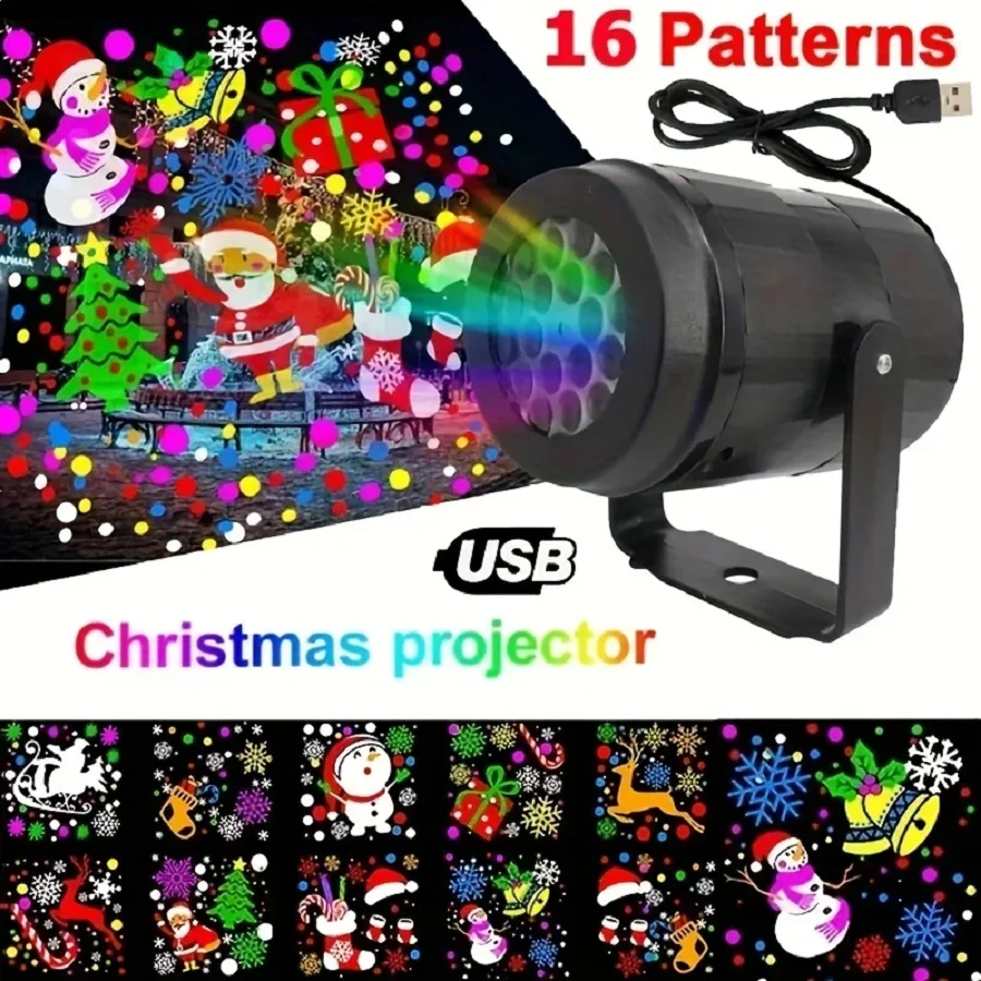 1pc LED Christmas Projector Lights 16 Pattern Snowflakes Blizzard Rotating Decoration Atmosphere Holiday Laser Stage Light