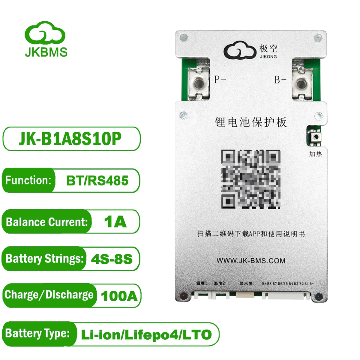 

JK BMS JK-B1A8S10P 100A SMART 1A Active Balance 18650 Lifepo4 Battery 4S 12V 5S 6S 7S 8S 24V BT RS485 Li-ion Battery Pack Ebike