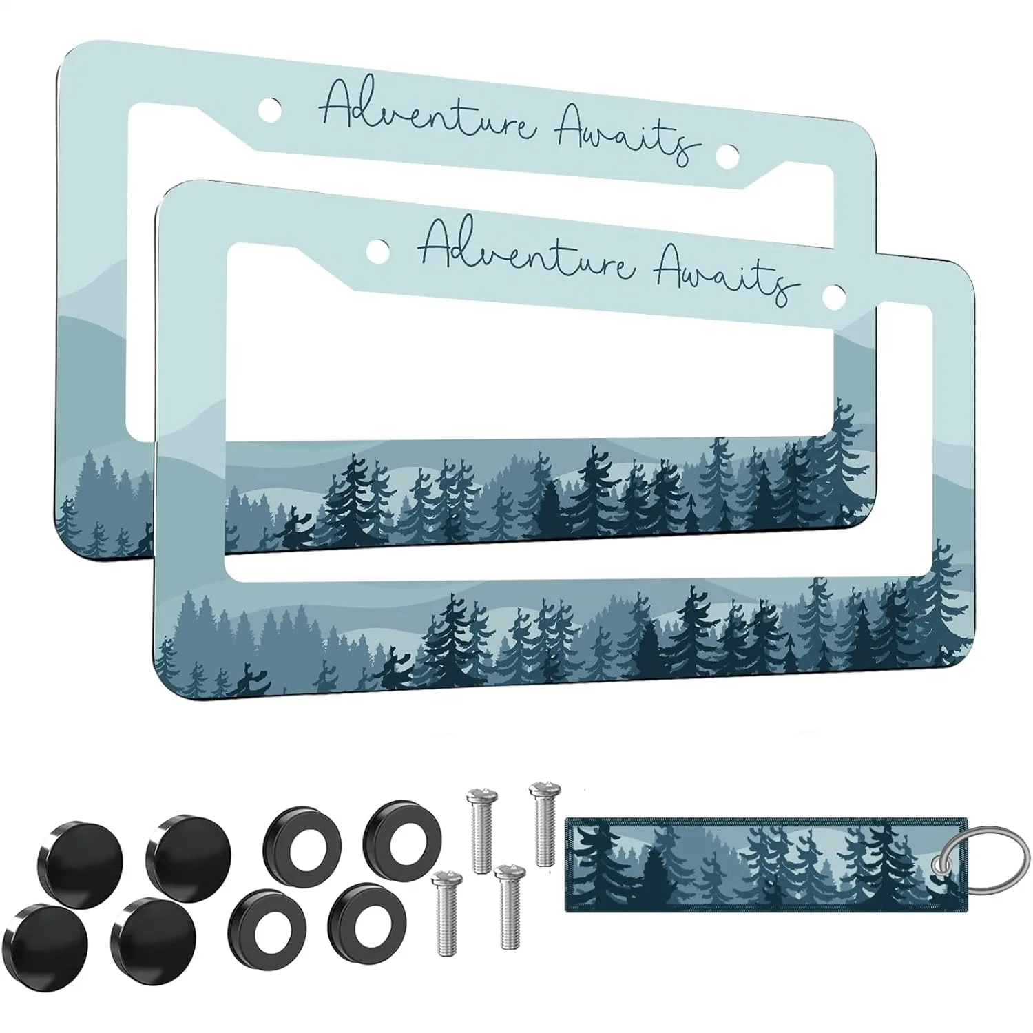 

2pcs Natural Pine Forest Landscape License Plate Frame for Women, Blue Botanical Car Tag Holder with Keychain