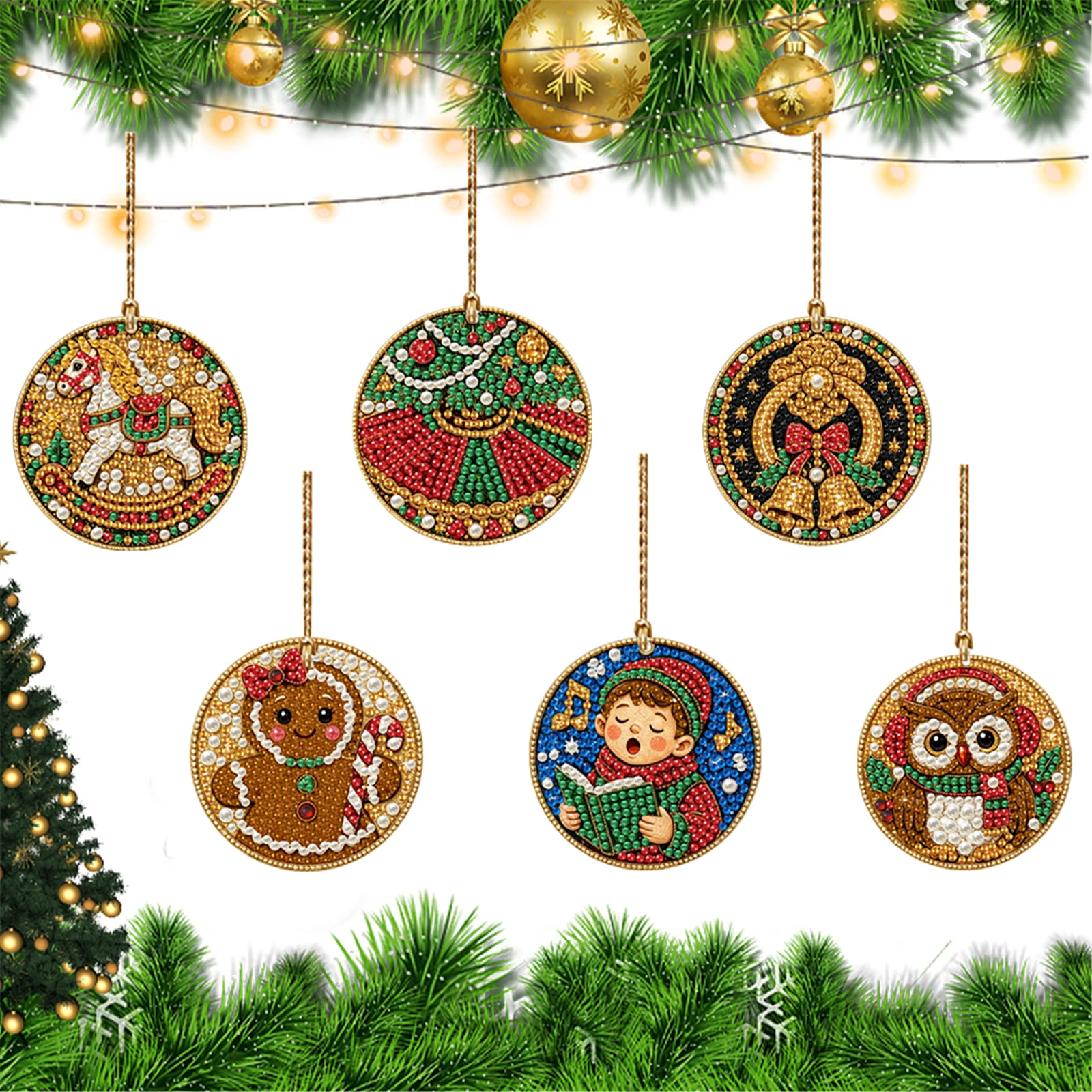 Xmas Tree Hanging Ornaments Diamond Painting Kit 6Pcs, 5D Full Round Drill Rhinestone Pendant, DIY Craft Decor forBeginners Gift