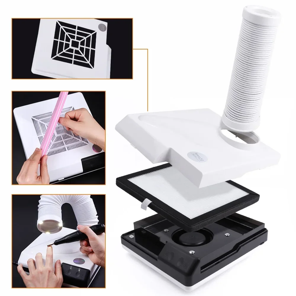Aspirapolvere per unghie con ventola per estrattore di polvere per unghie con design a gomito retrattile da 60 W a doppio uso con tubo