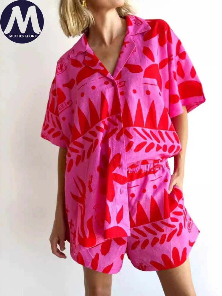 

2 Pieces Set for Woman 2025 Summer New Printed Versatile Half Sleeve Shirt Tops Suits Fashionable Casual Loose Short Sets
