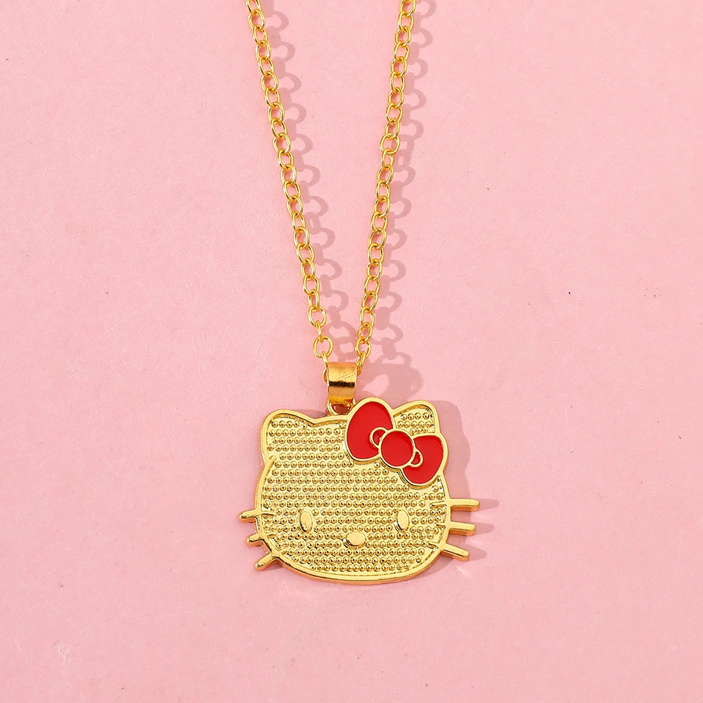 Anime Sanrio Hello Kitty Necklace Cartoon Figure KT Cat Gold Color Metal Pendant Necklace Kawaii Jewelry Accessories Gifts