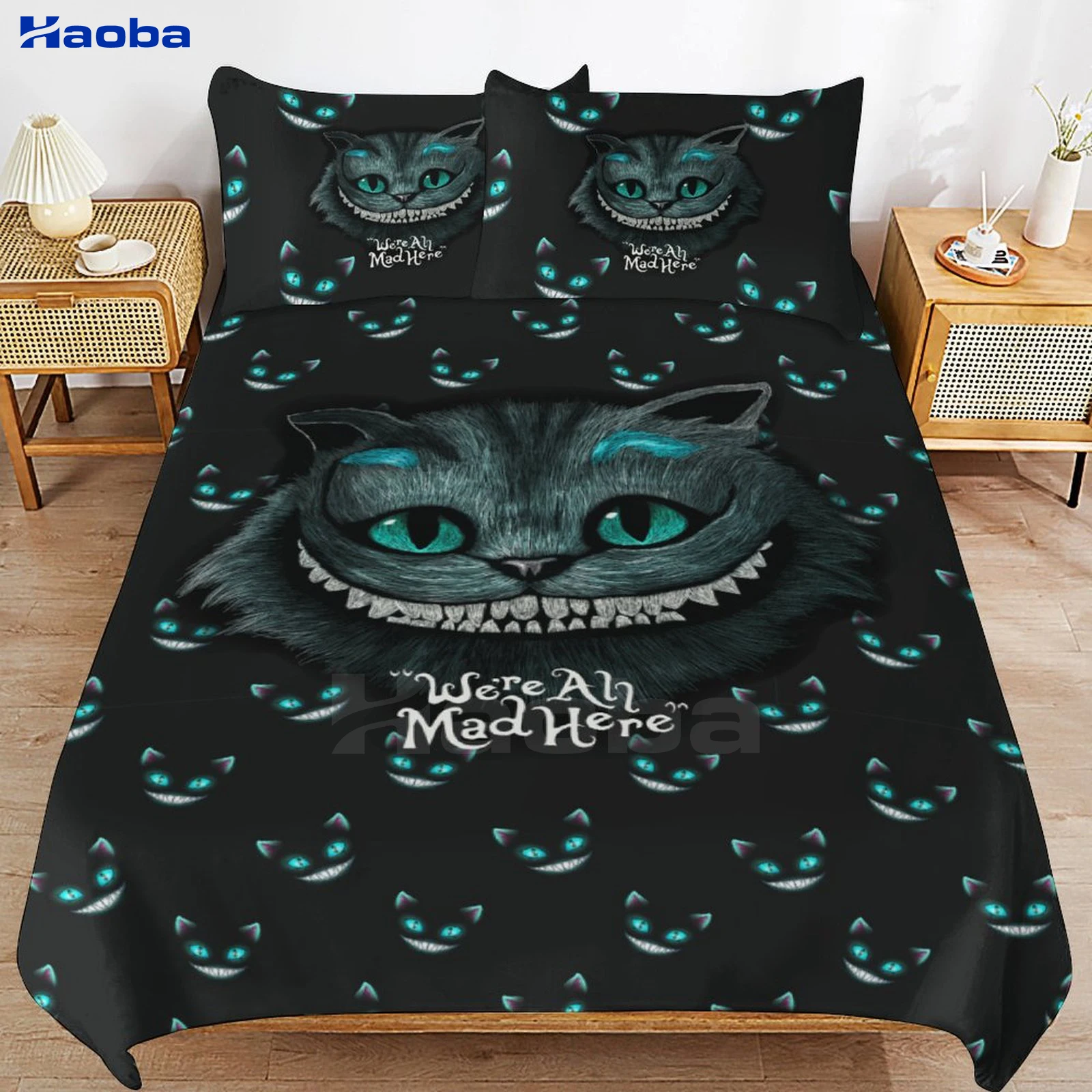 Juego de ropa de cama de tres piezas para niños o adultos, fundas de edredón para camas, regalos de cumpleaños para mujeres y hombres, gato de Cheshire