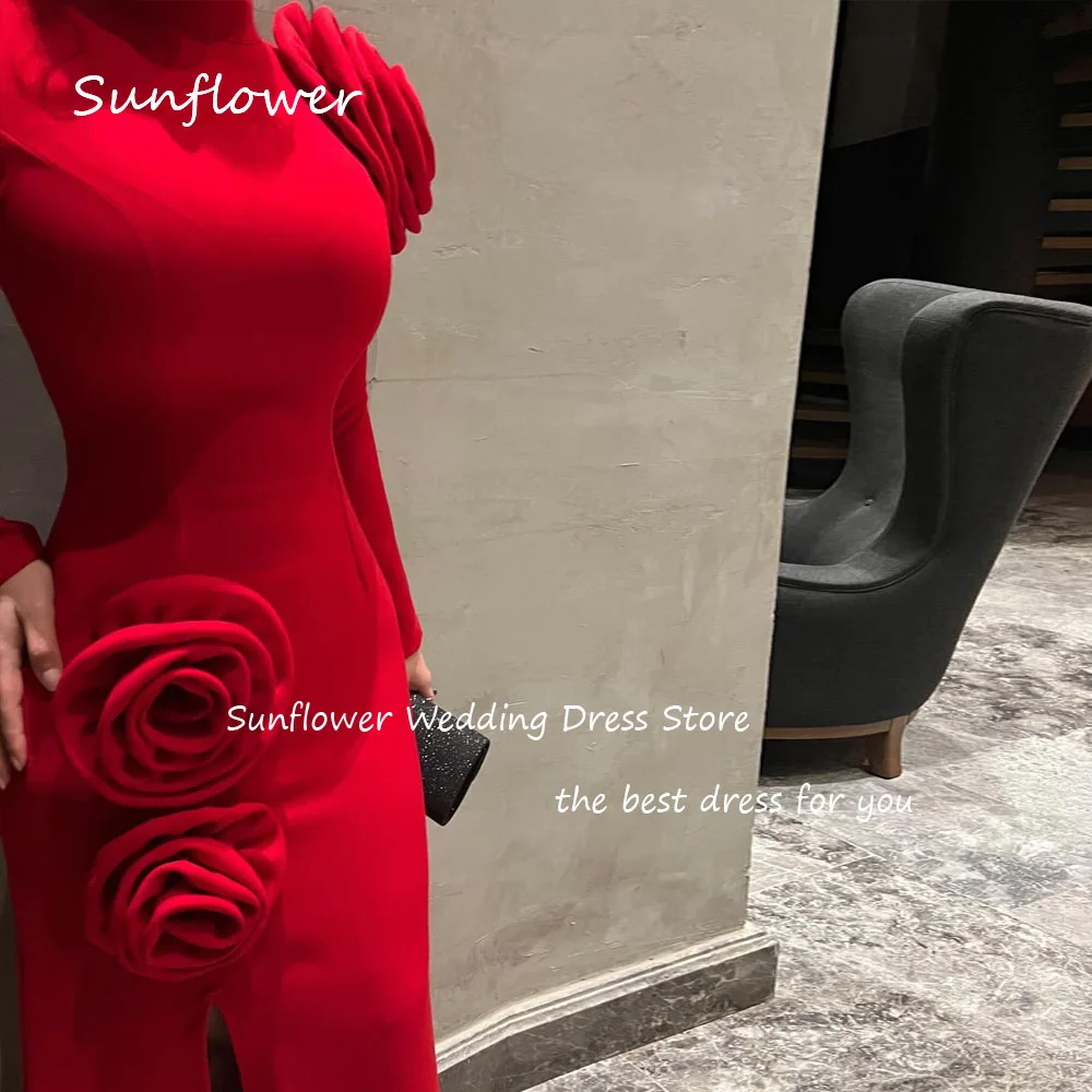 Sunflower Simple Red High Neck 3D Flowers Mermaid 2024 Slim Crepe Ocassion Gown Ankle-Length Formal Evening Dress Party Dress