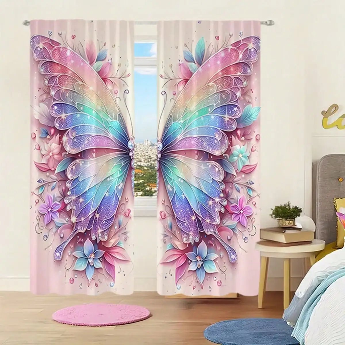 2pcs Elegant Colorful Butterfly Pattern Curtain, pink Background Blackout Curtain, Door Curtain, Rod Pocket Home Decor