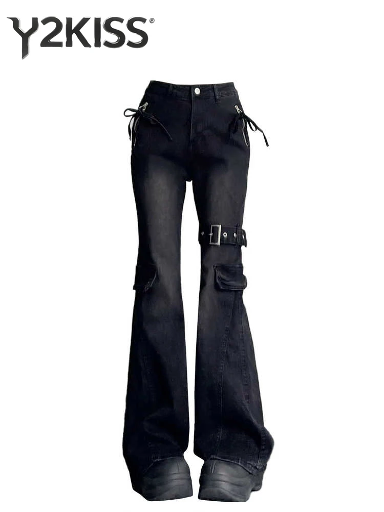 

Осень-зима 2022, женские темные академические расклешенные джинсовые брюки-карго с низкой посадкой, узкие джинсы в стиле гранж Y2k, японский Harajuku, расклешенный низ
