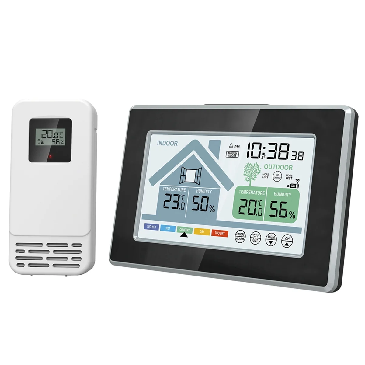 A85P Indoor Outdoor Temperature Humidity Meters Mould Alarm Weather Station Touch Screen Push Button Electronic Weather Clock