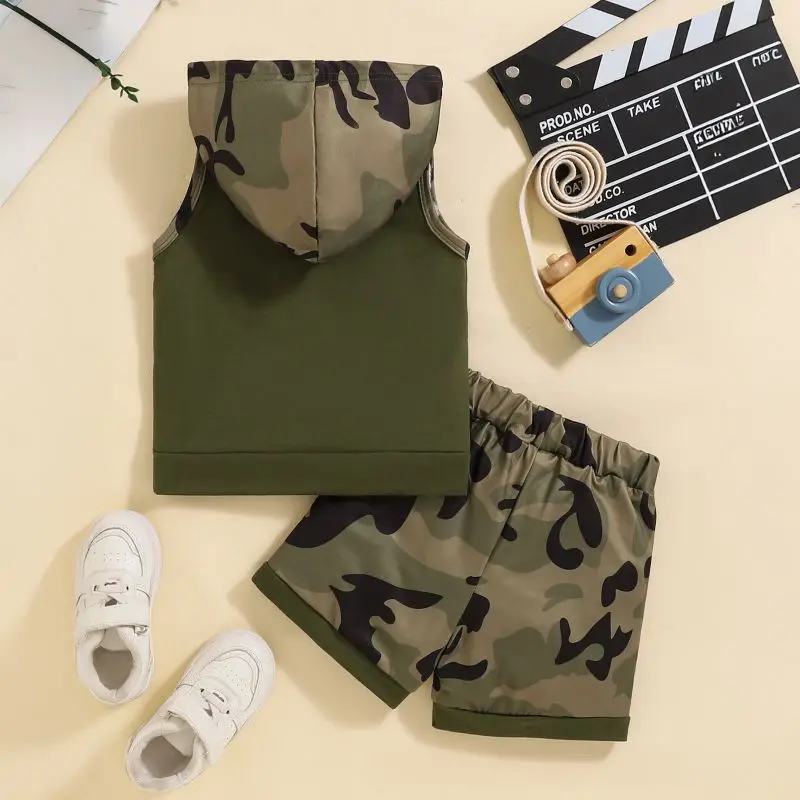 شورت صيفي للأولاد من عمر 1 إلى 4 سنوات مع سترة بغطاء للرأس للأطفال مكون من قطعتين #5