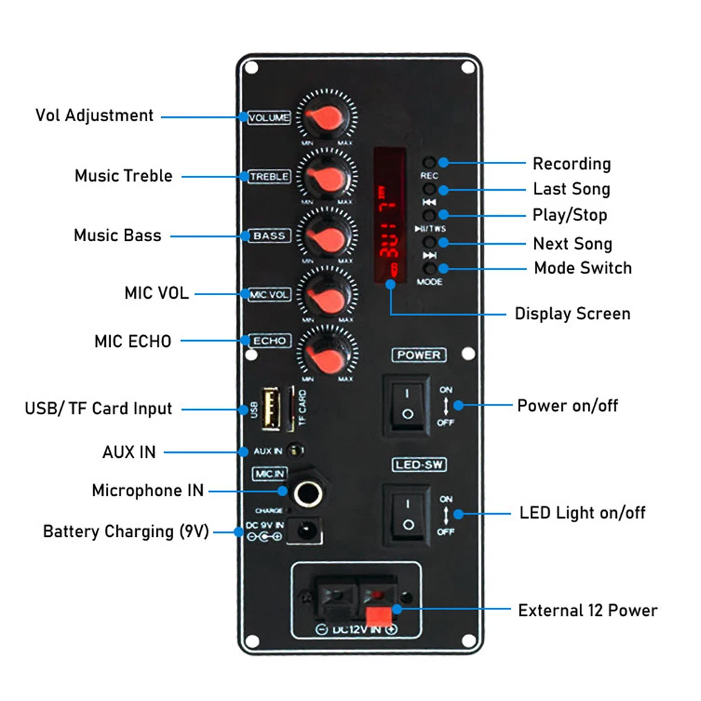 Woopker 앰프 보드 배터리 모델, 7.4V 앰프 보드, 블루투스 지원, 30W MP3 AUX USB 플래시 드라이브, 5-8 인치 스피커