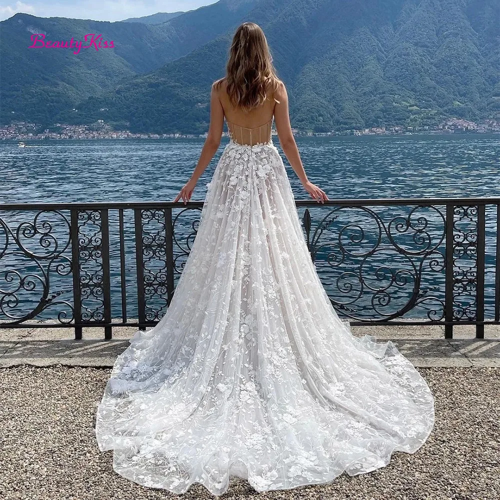 Robe de mariée en dentelle fendue sur le côté, style Boho, coupe trapèze, motifs floraux 3D