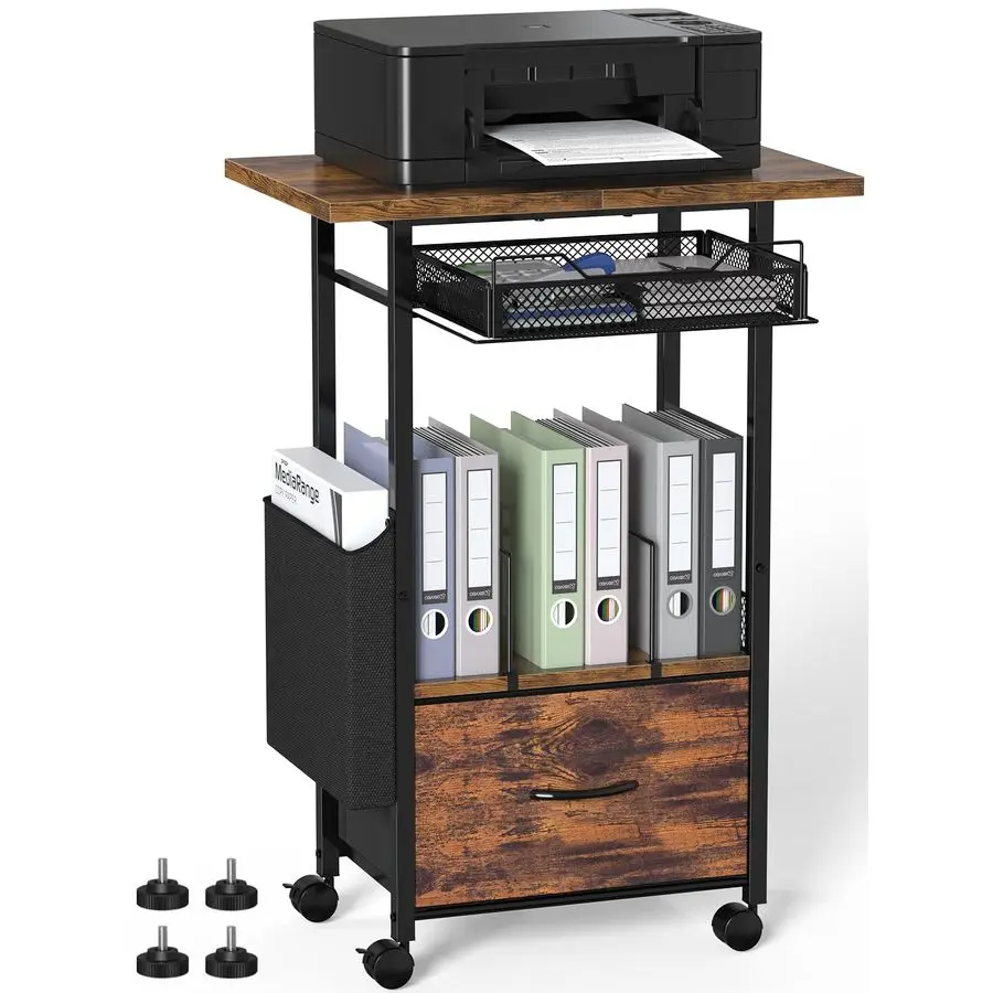 

3Tier Printer Stand with 2Drawer File Cabinet, 24 Extended Desktop amp Lockable Wheels, Adjustable Rolling Cart for Home Office
