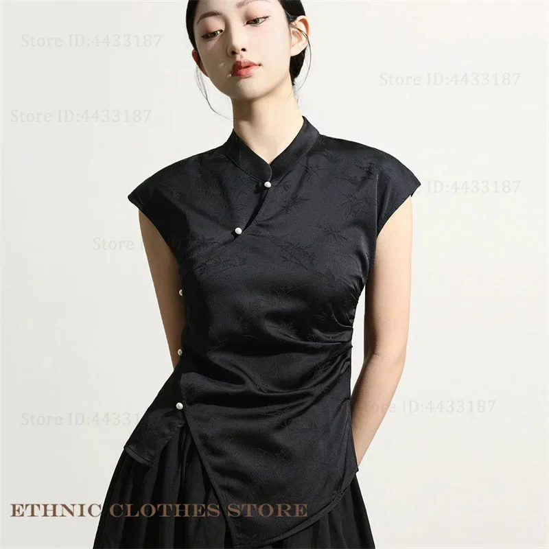 

Classic Mandarin Collar Jacquard Shirt Fashion Vintage Chinese Style Top Sexy Slim Qipao Cheongsam Blouse Satin Tang Clothes