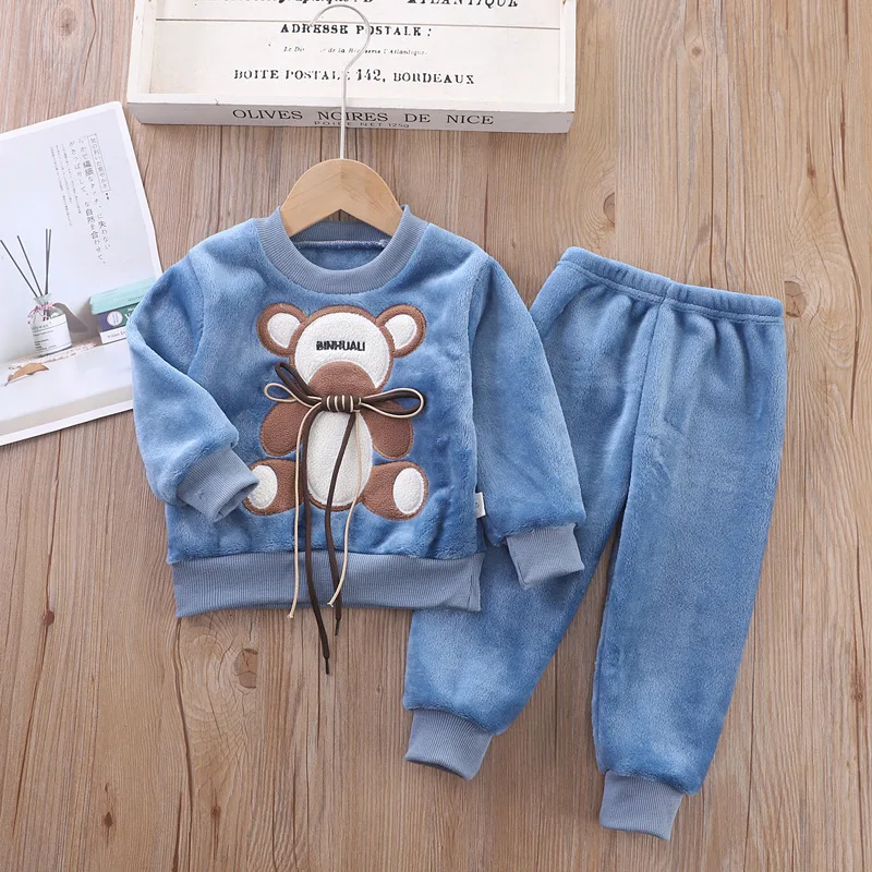 Boys Girls Sets Pajamas Clothing Autumn Winter 2021 New Cute Child Cartoon bear Suit Fleece Flannel Thicken Warm Kids Homewear