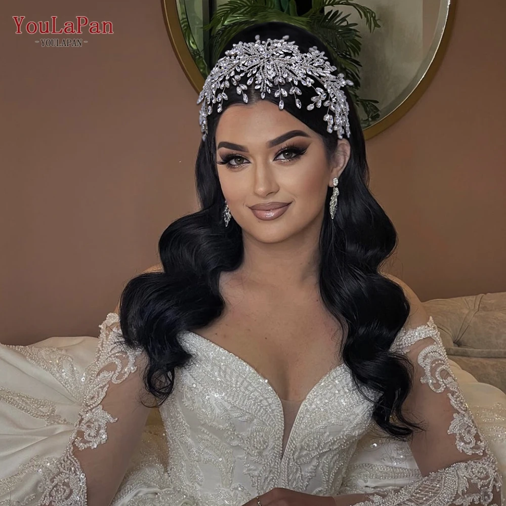 TOPQUEEN حجر الراين الزفاف تيارا وتاج الزفاف عقال إكسسوارات الشعر امرأة خوذة الأميرة غطاء الرأس الإكليل HP482