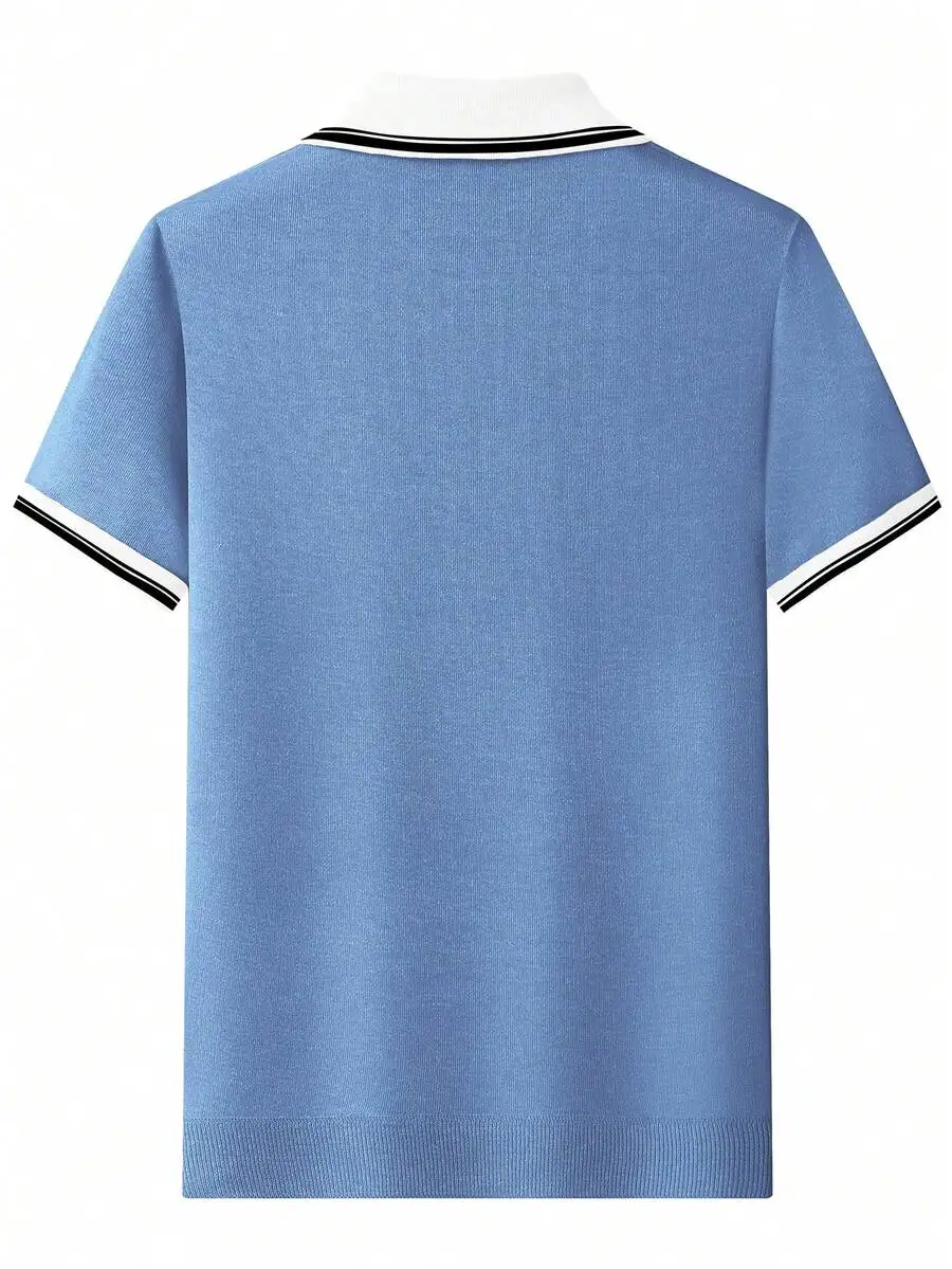 Men's Beige Knit Polo Shirt with Contrast Trim, Short Sleeve Casual Summer Top