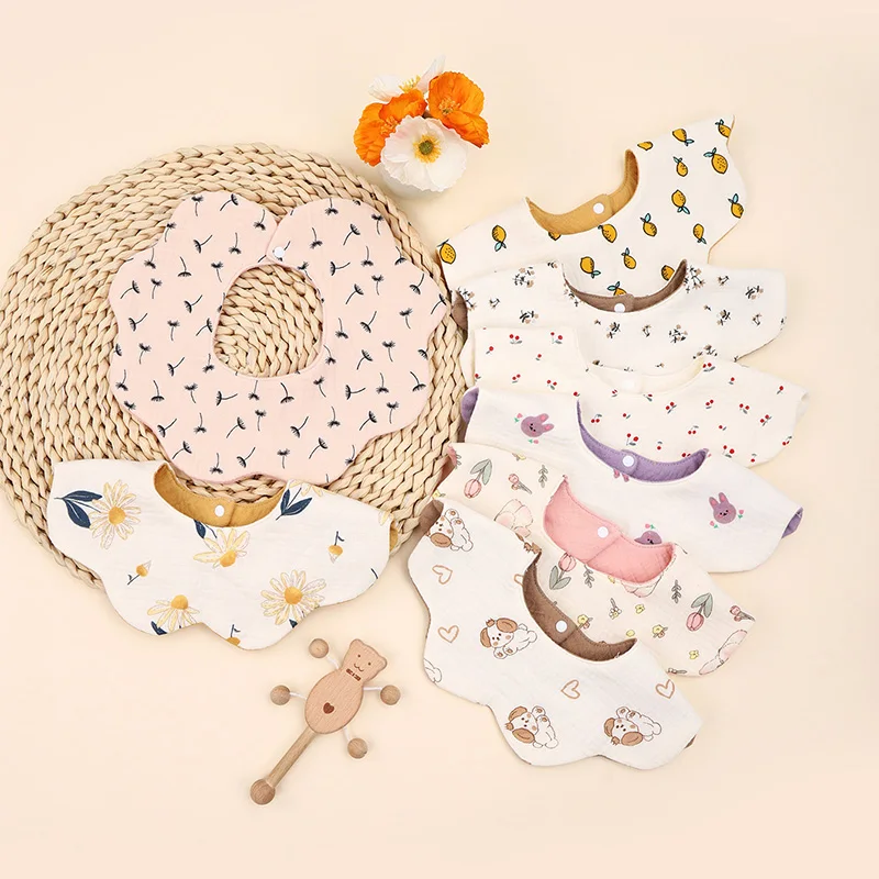 면 프린트 6겹 360도 회전 아기 턱받이 유아 침 흡수 타월 유아용 거즈 턱받이 1개