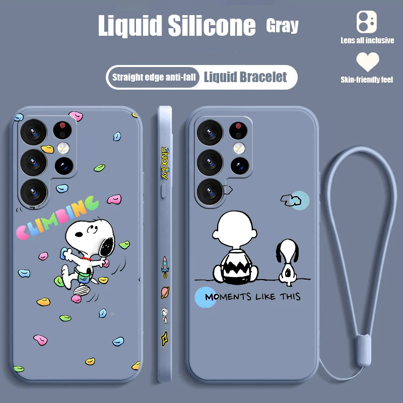 Cartoon Kawaii S-Snoopy For Samsung S24 S23 S22 S21 S20 Fe S10 Note 20 10 Ultra Lite Plus Liquid Left Rope Phone Case