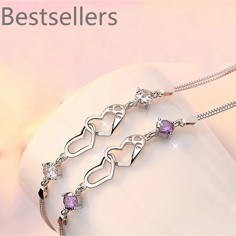 

925 Sterling Silver Classic Crystal Heart Bracelets Charms for Women Fashion Party Wedding Jewelry Gifts