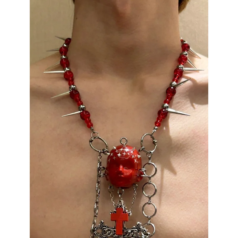 

2025 New Punk Necklace Leather Choker Cross Metal Chain Rivet Human Face Dark Trendy Cool Neck Accessories for Women Men Jewelry