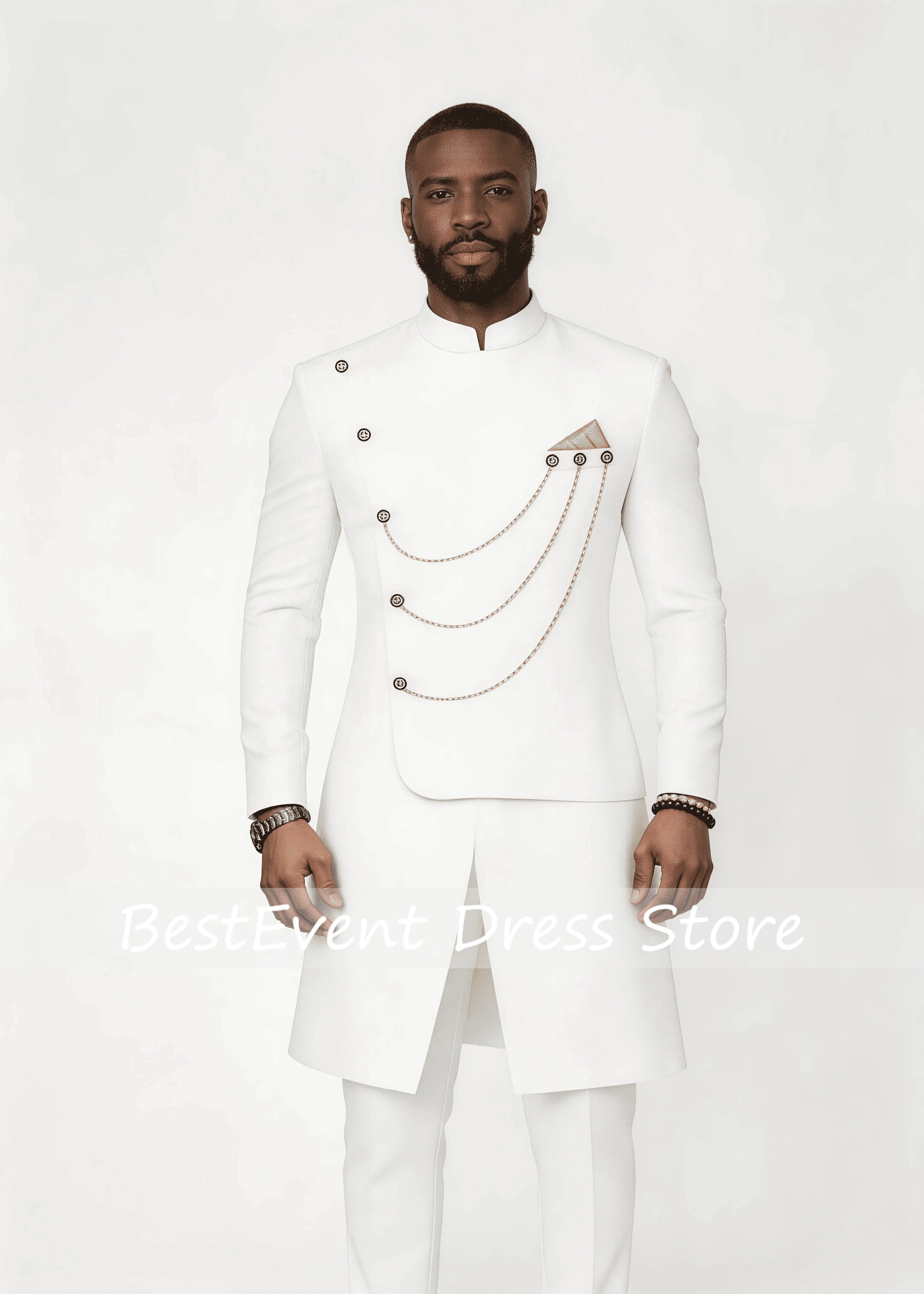 Men’s Solid White Gold Chain Decor Asymmetrical Formal Wear Set Stand Collar 2 Piece Wedding Groom Tunic Prom Hom Customized