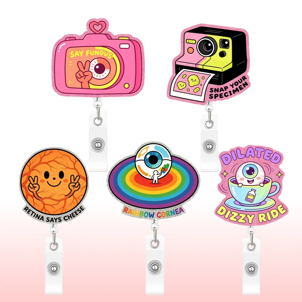 Eye Themed Work Doctor Nurse Badge Id Card Holder Retractable Glitter Acrylic Badge Reel 360 Degree Rotation For Medical Staff