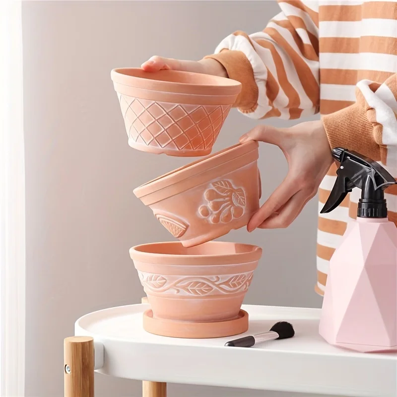 Embossed Whitewashed Terracotta Planter with Drainage Hole & Saucer Rustic Unglazed Terracotta Pot for Indoor Outdoors Plants