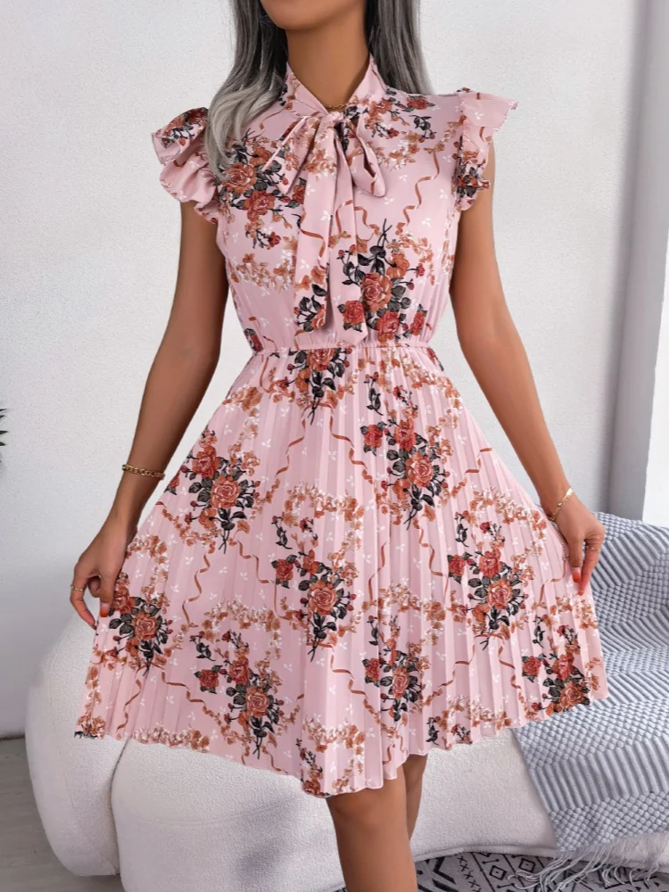 

Sister Star Summer Women's Temperament Flower Tie Waisted Large Swing Pleated Skirt Wholesale Temperament Commuter Dresses
