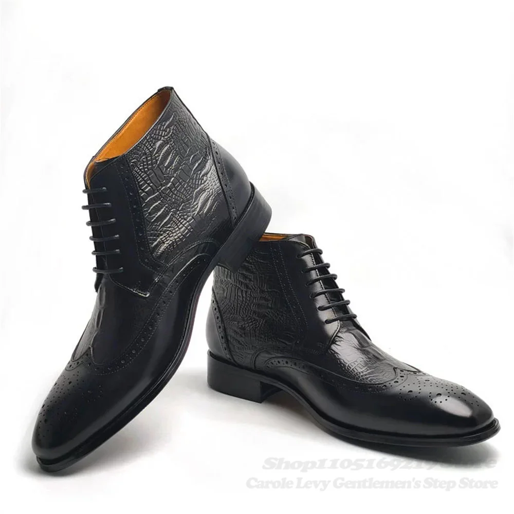 Luxury Genuine Leather Business Boots for Men Round Toe Retro Printing Comfortable Lace Up Handmade Black Fashion High Top Boots