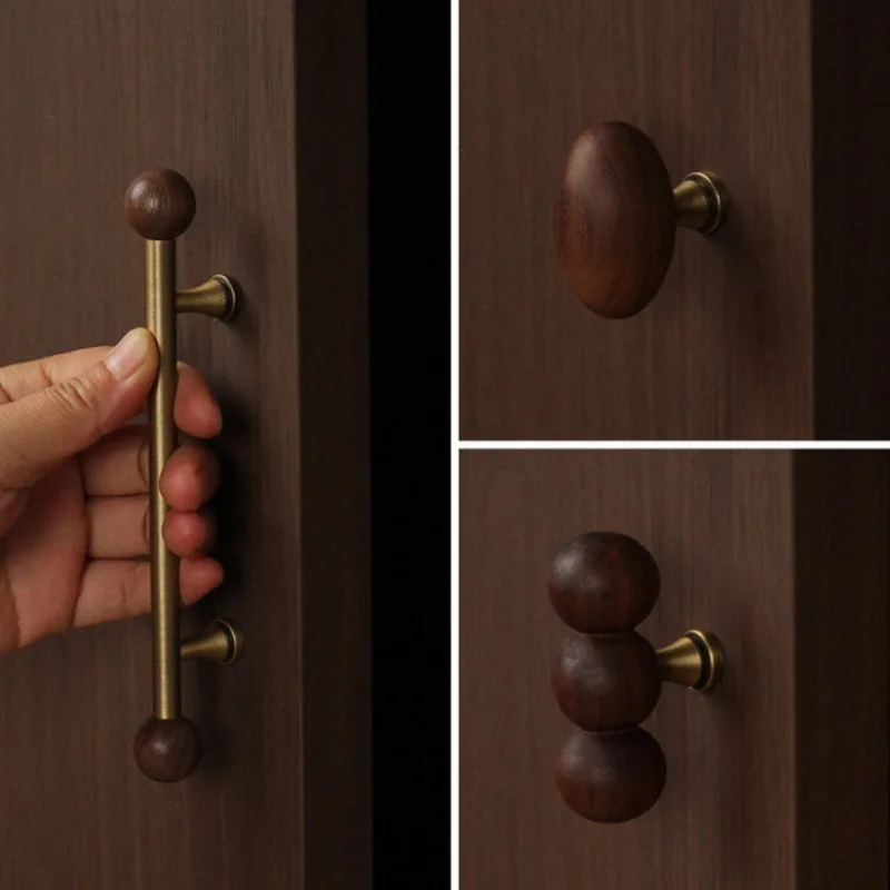 Vintage Walnut Cabinet Handles Mid-Century Modern Dresser Pulls Round Ball and Long Bar Knobs for Wardrobe Furniture Hardware