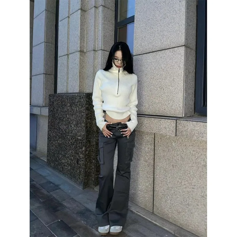 

American Stand Collar Pullover Sweater Women Retro Half Zipper Lazy Spicy Girl Solid Fashion Korean Loose Knit Autumn Bottom Top