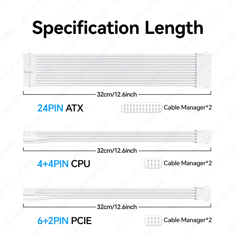 JEYI PSU Extension Cable Kit - 24Pin ATX + 8Pin EPS + 6+2Pin PCIe,18AWG Copper Wire with Premium Braided Sleeving & Cable Combs