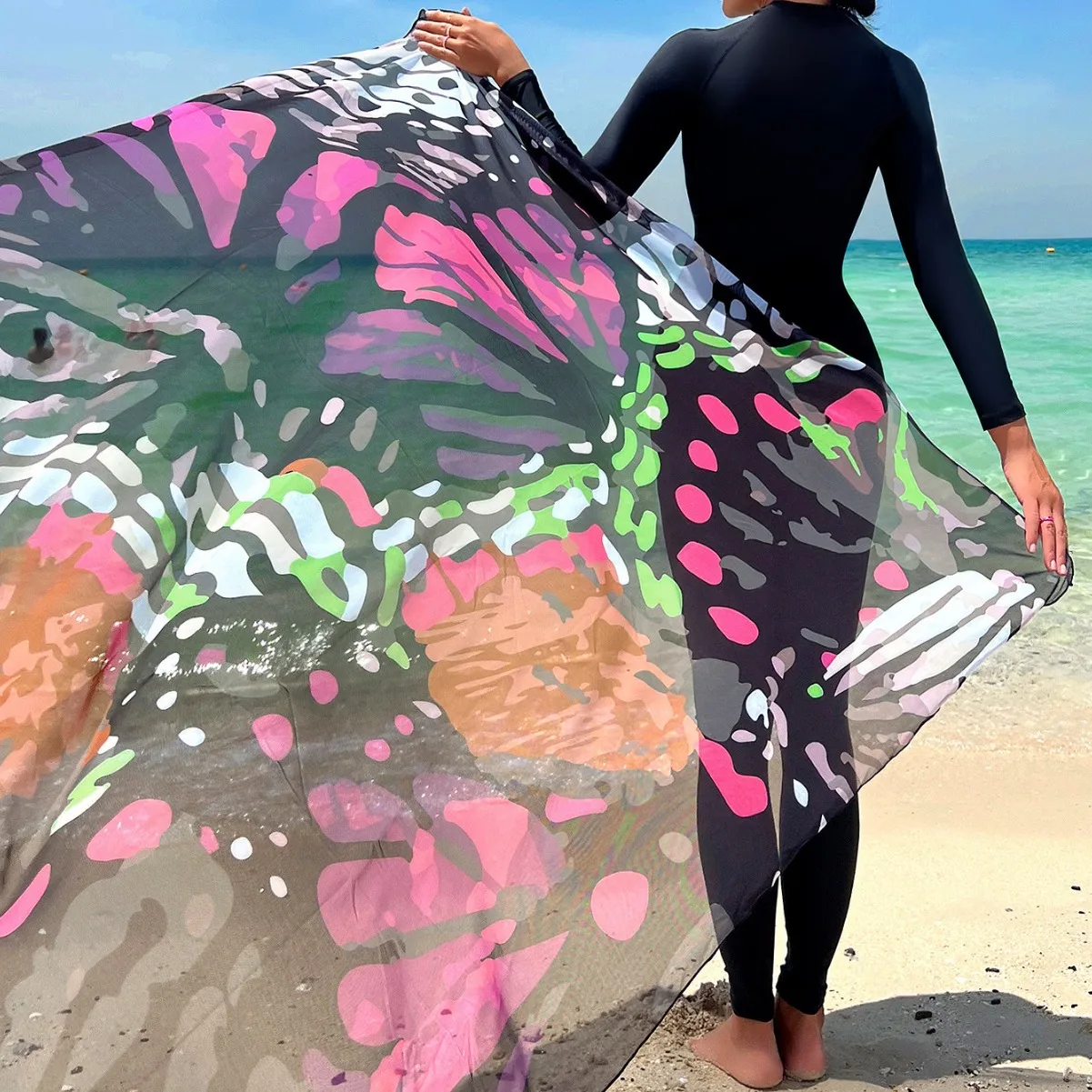 Nuove donne Burkini costumi da bagno da spiaggia musulmani manica lunga cintura lunga costumi da bagno in garza Medio Oriente conservatore stampa