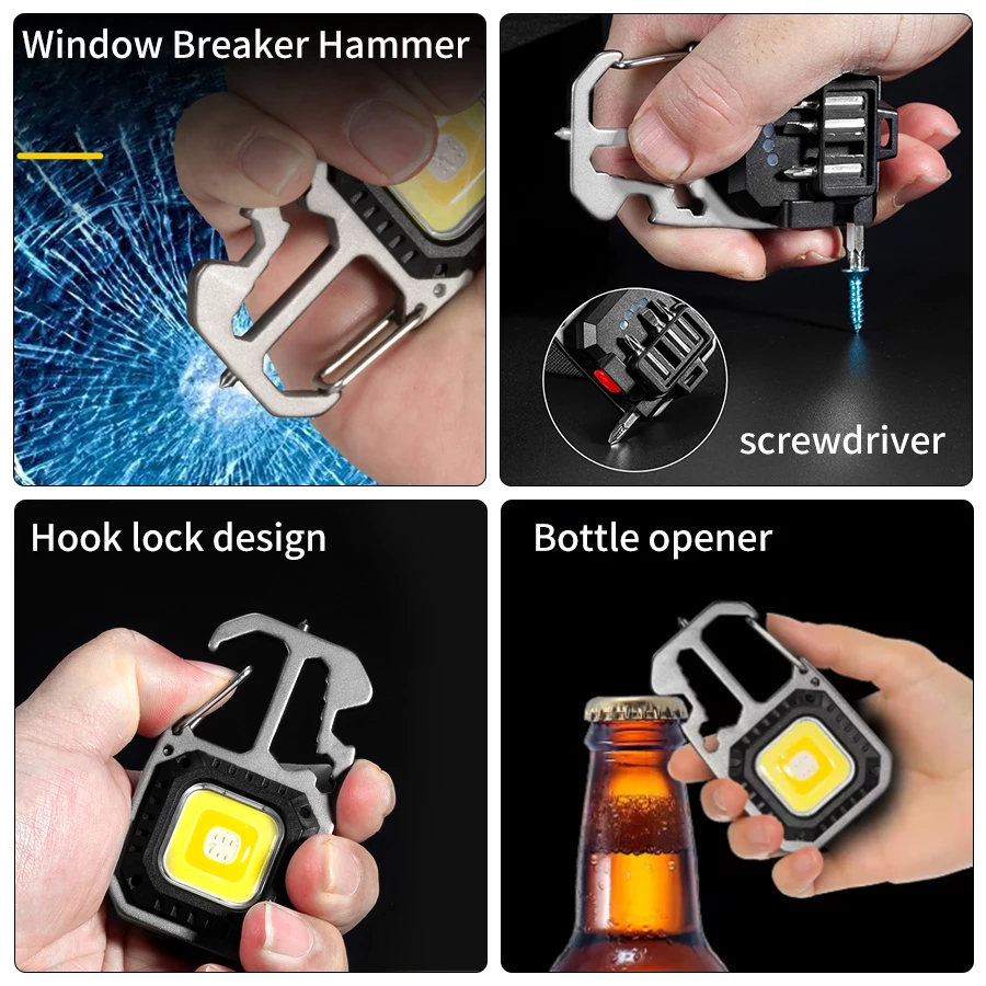 Mini COB Work Light Rechargeable Keychain Light Outdoor Camping Lamp Portable Pocket Wrench Screwdriver 7 Modes LED Flashlight