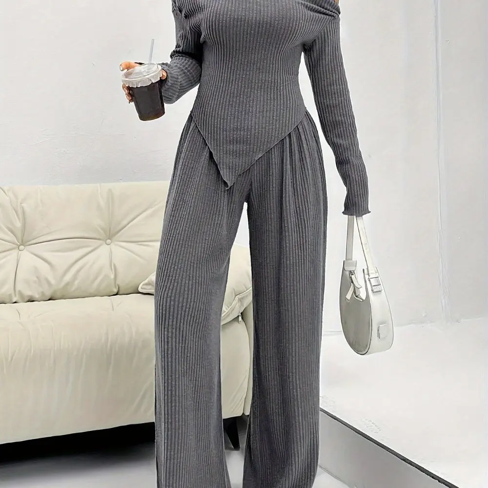 Women's Sets Autumn Winter Fashion Daily 2025 Asymmetrical Layered Off Shoulder Full Length Pants Casual Sets