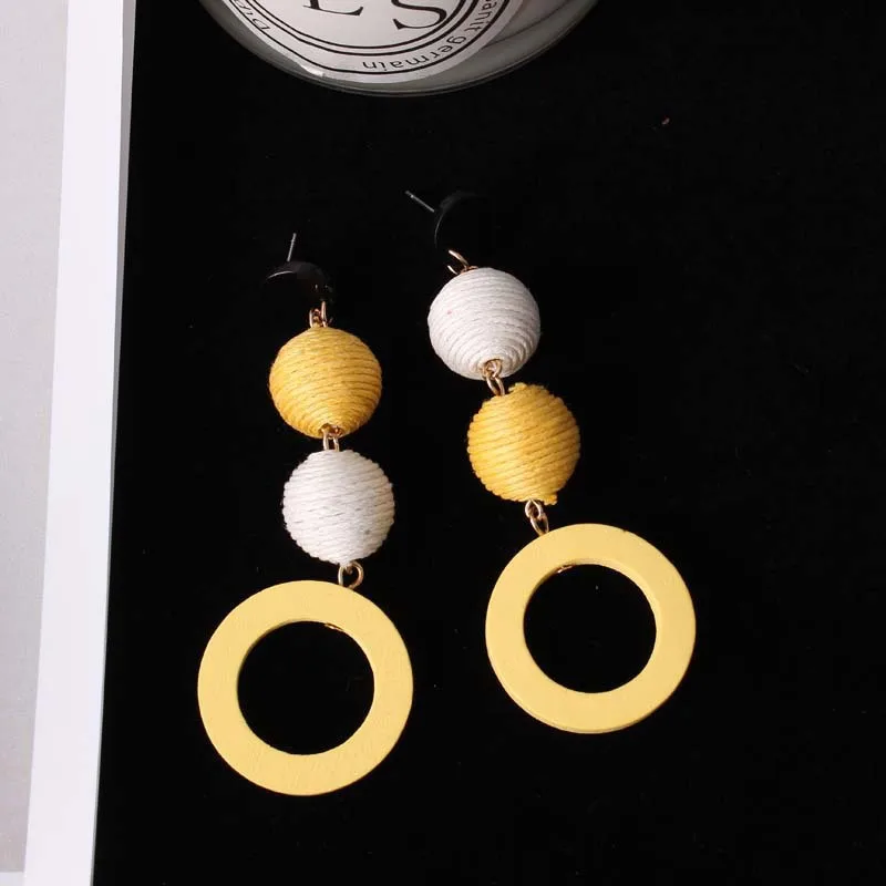 Bohemian Contrasting Colors Round Ball Long Earrings for Trendy Women Wood Woven Hemp Rope Drop Earrings Statement Jewelry Gift