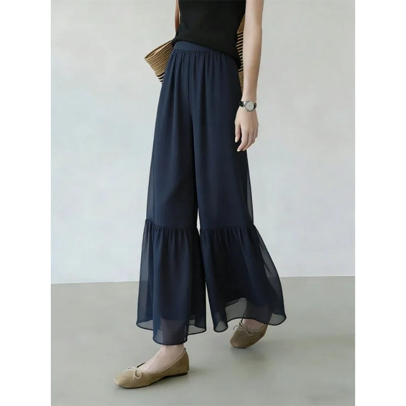 2026 Summer New Style Versatile Simple Daily Non-Contrast Lightweight Design Navy Blue Casual Wide Leg Pants for Women Q382