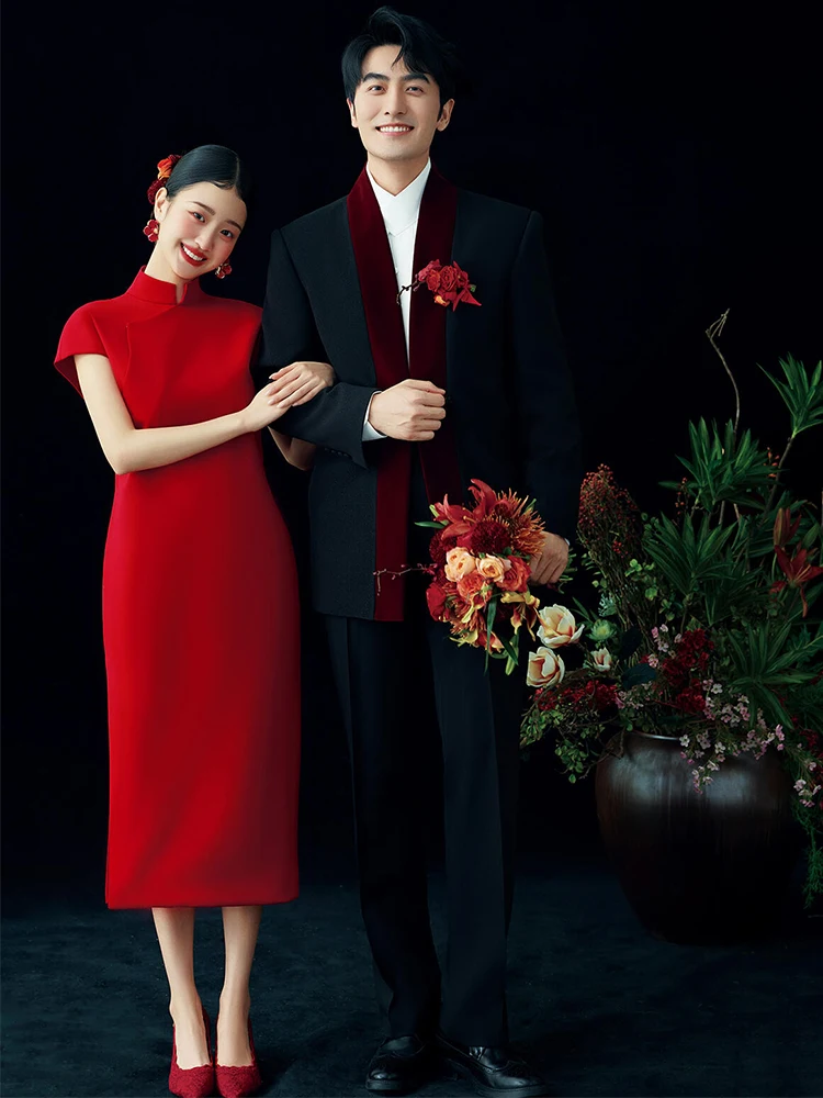 

Red Wedding Engagement Ceremony Dr New Chinese Sle Vintage ort Size Women's Qipao Skirt Summer Season