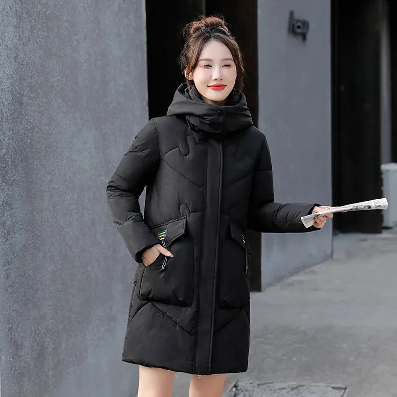 2024 Down Cotton-padded Jacket Feminine Long Korean Version Of Slim Hooded Students Warm Cotton-padded Jacket Winter Coat Tide.