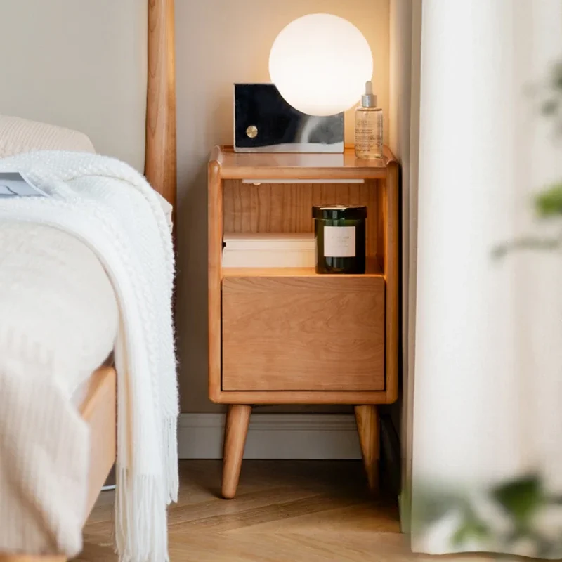 

Bedroom Ultra Narrow Cherrywood Locker Simple Bedside Cabinet Drawer Cabinet with Light