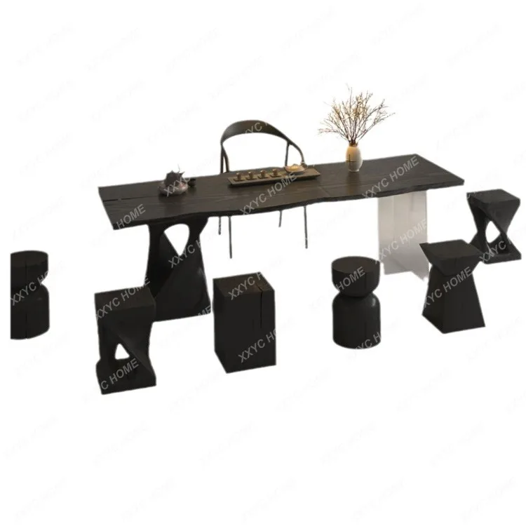 Kung Fu Large Board Tea Table Carbonized Black Reception Table and Chair Combination