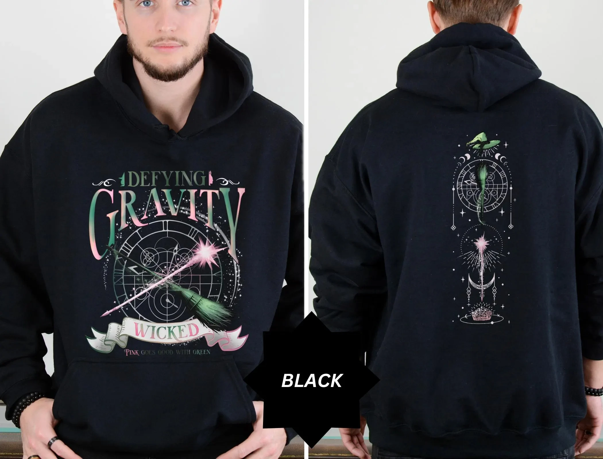 Wicked Defying Gravity Hoodie Men's and Women's Music Movie Pattern Pink Green Magic Broom Witch Casual Hoodie